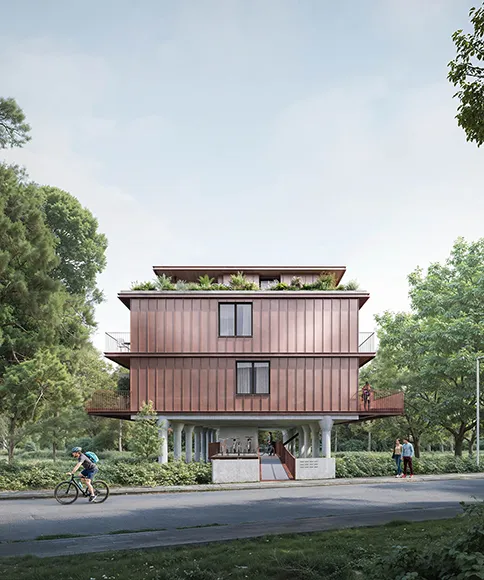 Immeuble The Canopy sur pilotis intégré dans un environnement arboré