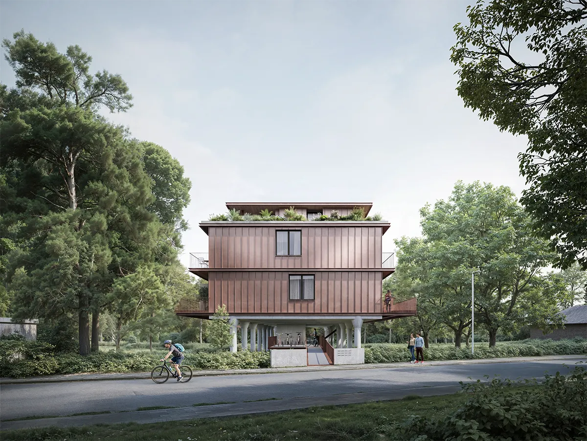 Immeuble de logements The Canopy à la façade en bois entouré d'arbres